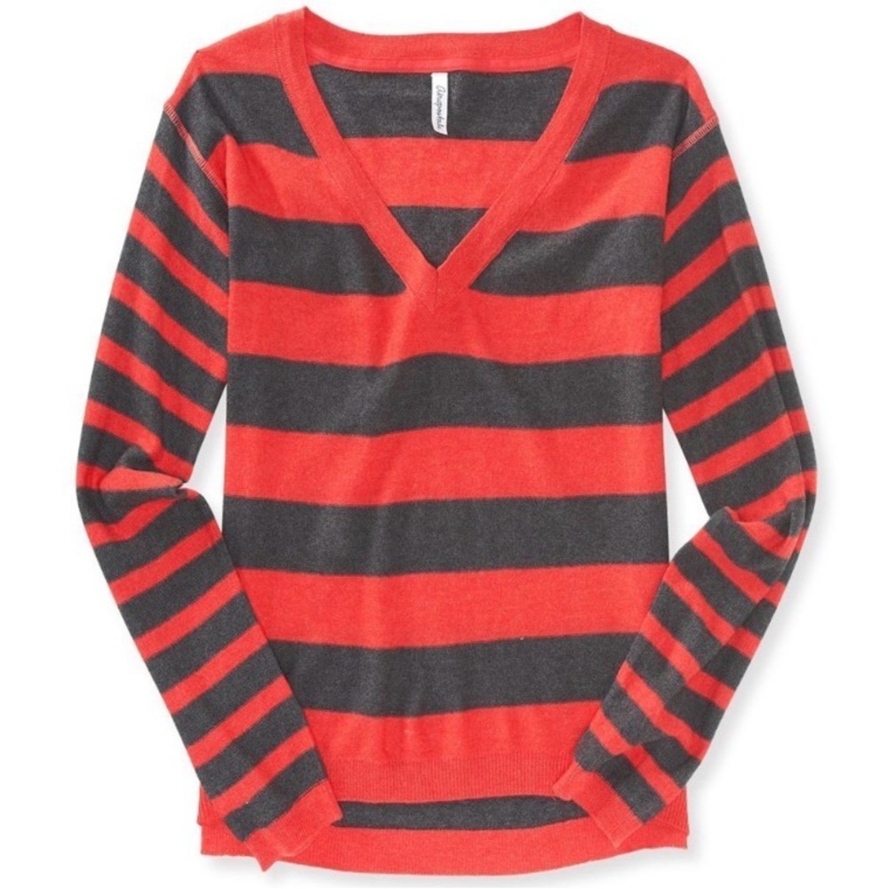Aeropostale Red Gray Striped V-Neck Pullover Sweater Y2K Preppy Women Medium